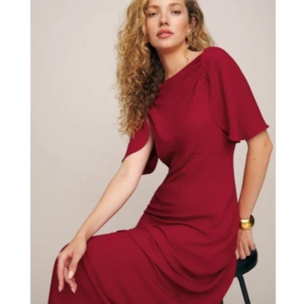 Reformation Lassie Cowl Neck Flutter Sleeve Tie Back Maxi Dress Red Size 10 - Picture 4 of 13